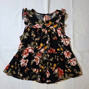 American Eagle Floral Babydoll Top Black Ruffle Sleeve Peplum Blouse XS